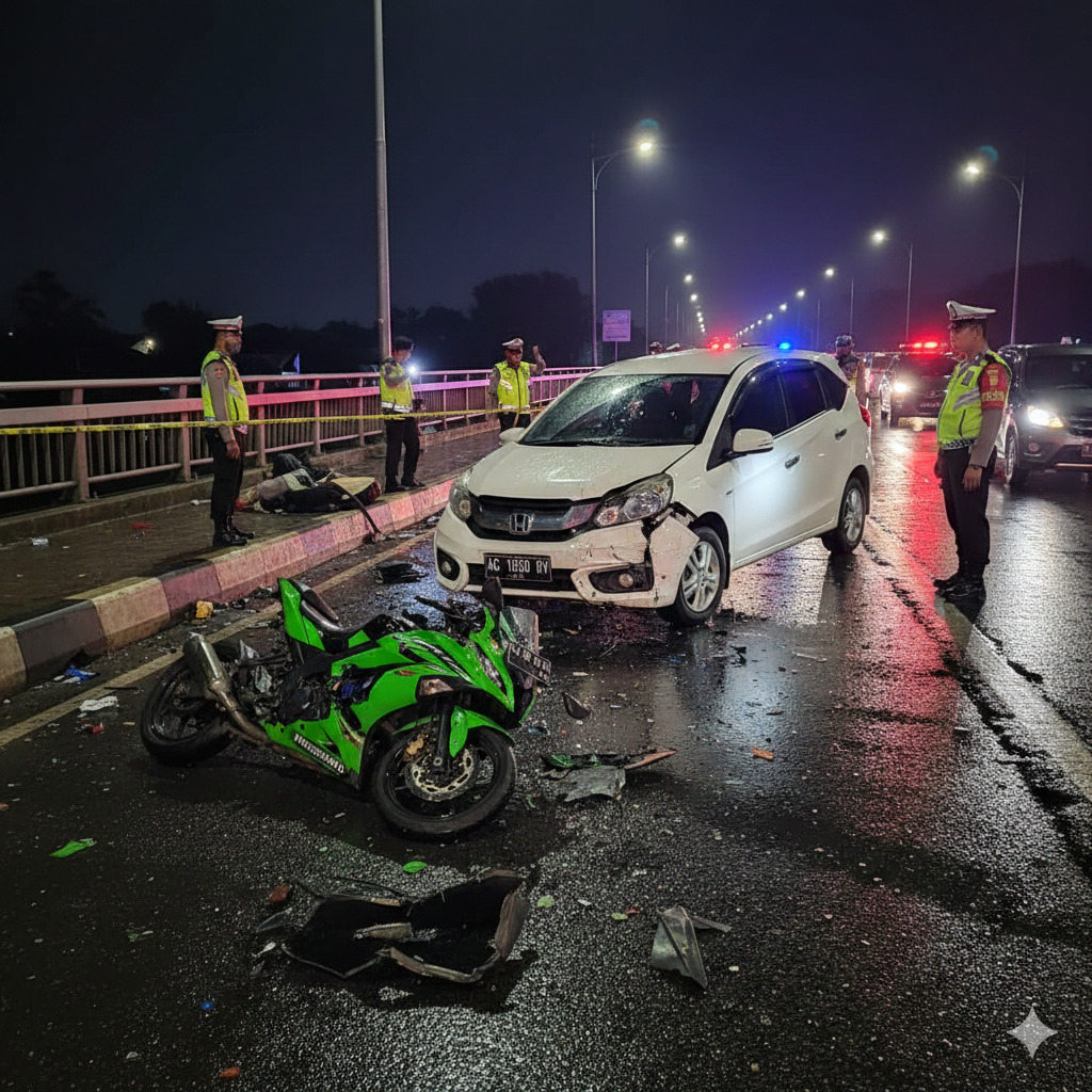 Kecelakaan melibatkan mobil dan sepeda motor terjadi di Jalan Sukarno Hatta, tepatnya di Jembatan Lembupeteng, Tertek, Tulungagung, Minggu (8/2) dini hari sekitar pukul 00.30 WIB.(Ilustrasi Gemini AI)