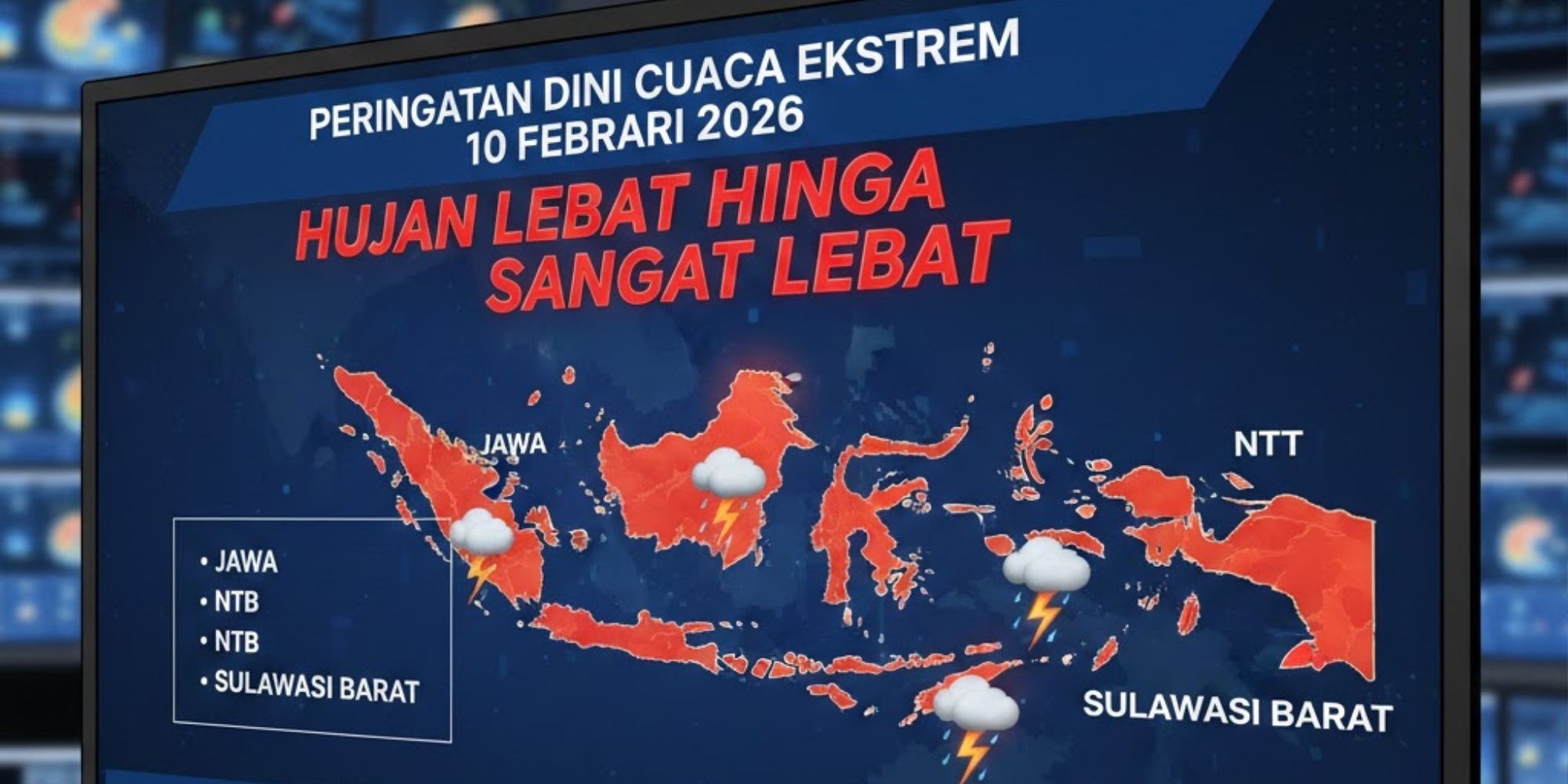 Update cuaca BMKG 10 Februari 2026 peringatkan hujan lebat hingga sangat lebat di Jawa, NTB, NTT dan Sulawesi Barat.