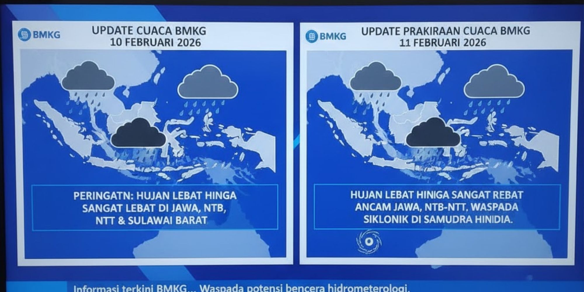 Update prakiraan cuaca BMKG 11 Februari 2026, hujan lebat ancam Jawa, NTB-NTT akibat sirkulasi siklonik.