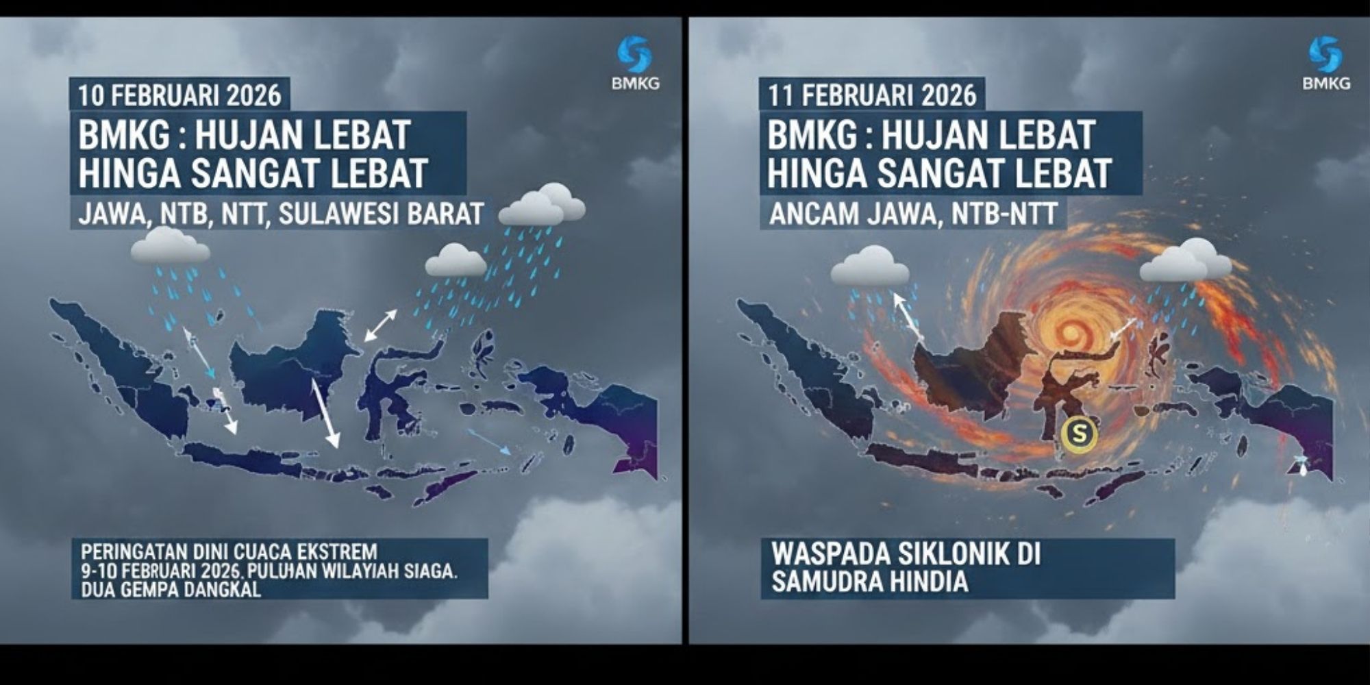 BMKG keluarkan peringatan dini cuaca ekstrem 9-10 Februari 2026. Puluhan wilayah siaga hujan lebat dan dua gempa dangkal terjadi.