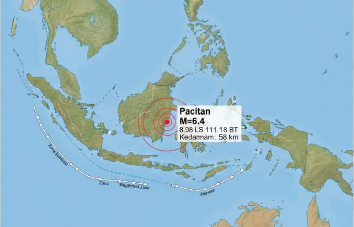 Peta lokasi episenter Gempa Pacitan M6,4 di laut selatan Jawa. BMKG memastikan gempa jenis megathrust ini tidak berpotensi tsunami meski getarannya terasa hingga Jawa Timur, Jawa Tengah, dan DIY.