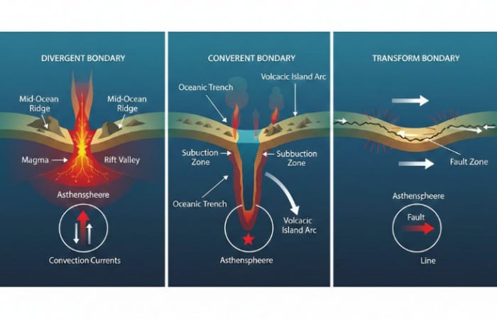gerakan lempeng tektonik yang menjadi penyebab gempa bumi, terbentuknya pegunungan Himalaya, hingga Palung Mariana akibat proses konvergen, divergen, dan transform.