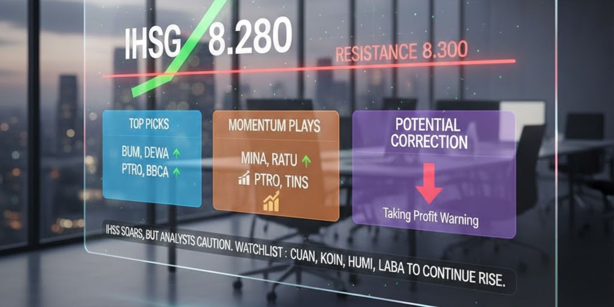 Rekomendasi saham besok saat IHSG menguat, CUAN, KOIN, HUMI, LEAT hingga LABA berpotensi lanjut naik.