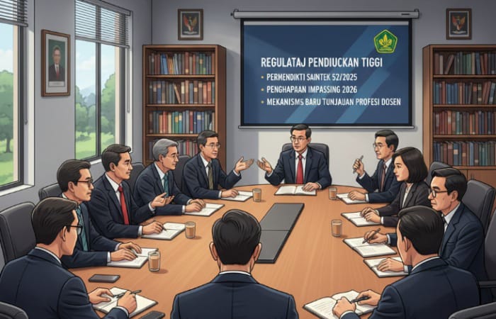 Sejumlah dosen mengikuti sosialisasi kebijakan pendidikan tinggi. Permendikti Saintek 52/2025 resmi menghapus impassing 2026 dan menghadirkan mekanisme baru tunjangan profesi dosen, membuat lektor diu