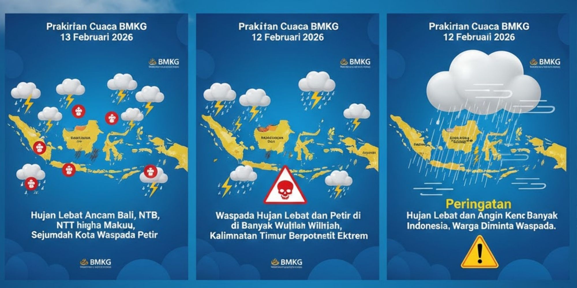 Prakiraan Cuaca BMKG 12 Februari 2026 peringatkan hujan lebat dan angin kencang di banyak wilayah Indonesia. Warga diminta waspada.