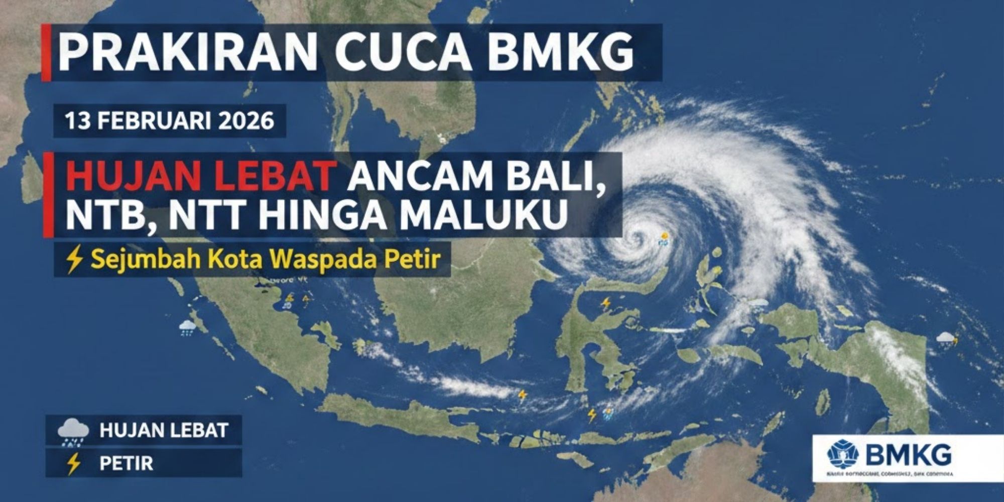 Prakiraan Cuaca BMKG 13 Februari 2026: hujan lebat diprediksi terjadi di Bali, NTB, NTT hingga Maluku. Cek daerah terdampak.