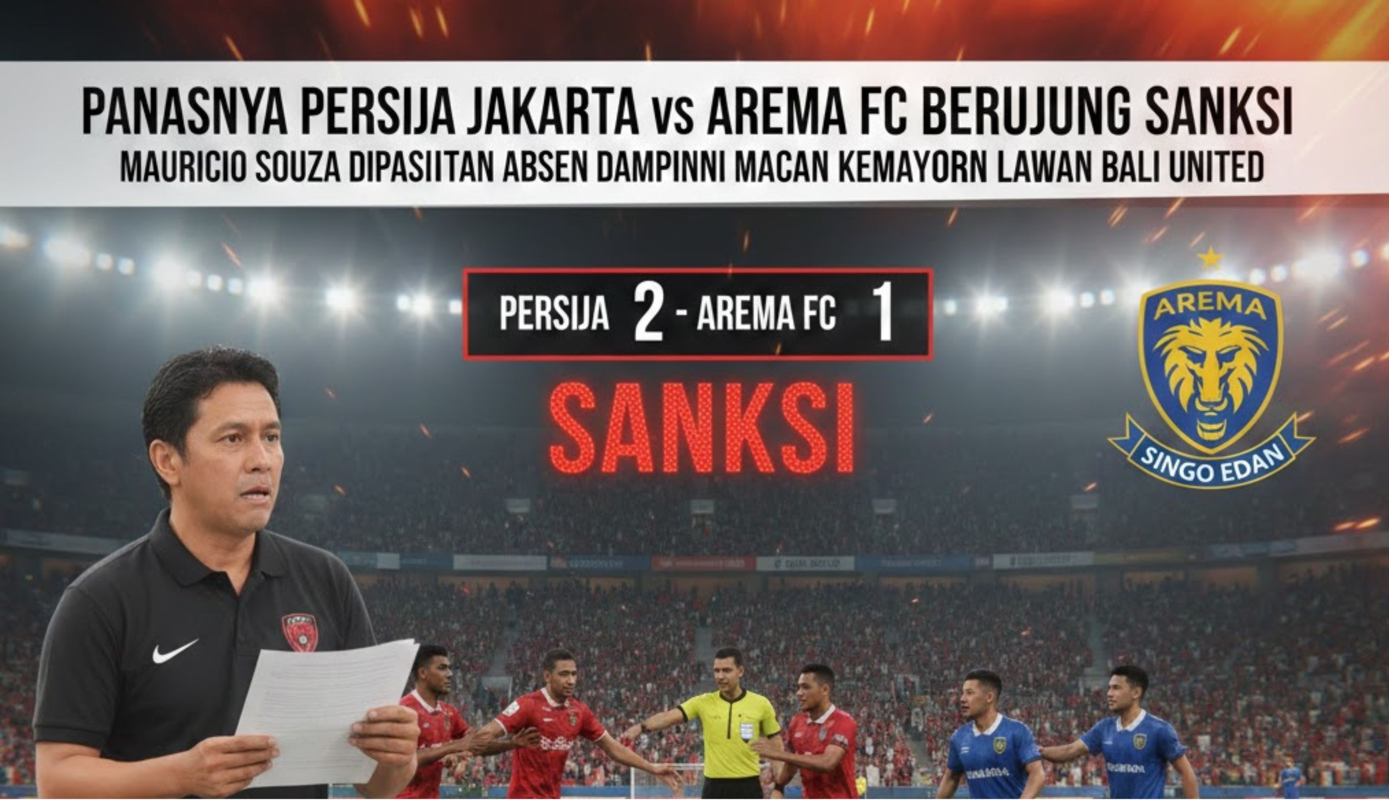 Persija Jakarta vs Arema FC berujung sanksi untuk Mauricio Souza. Pelatih Persija dipastikan absen saat menghadapi Bali United.