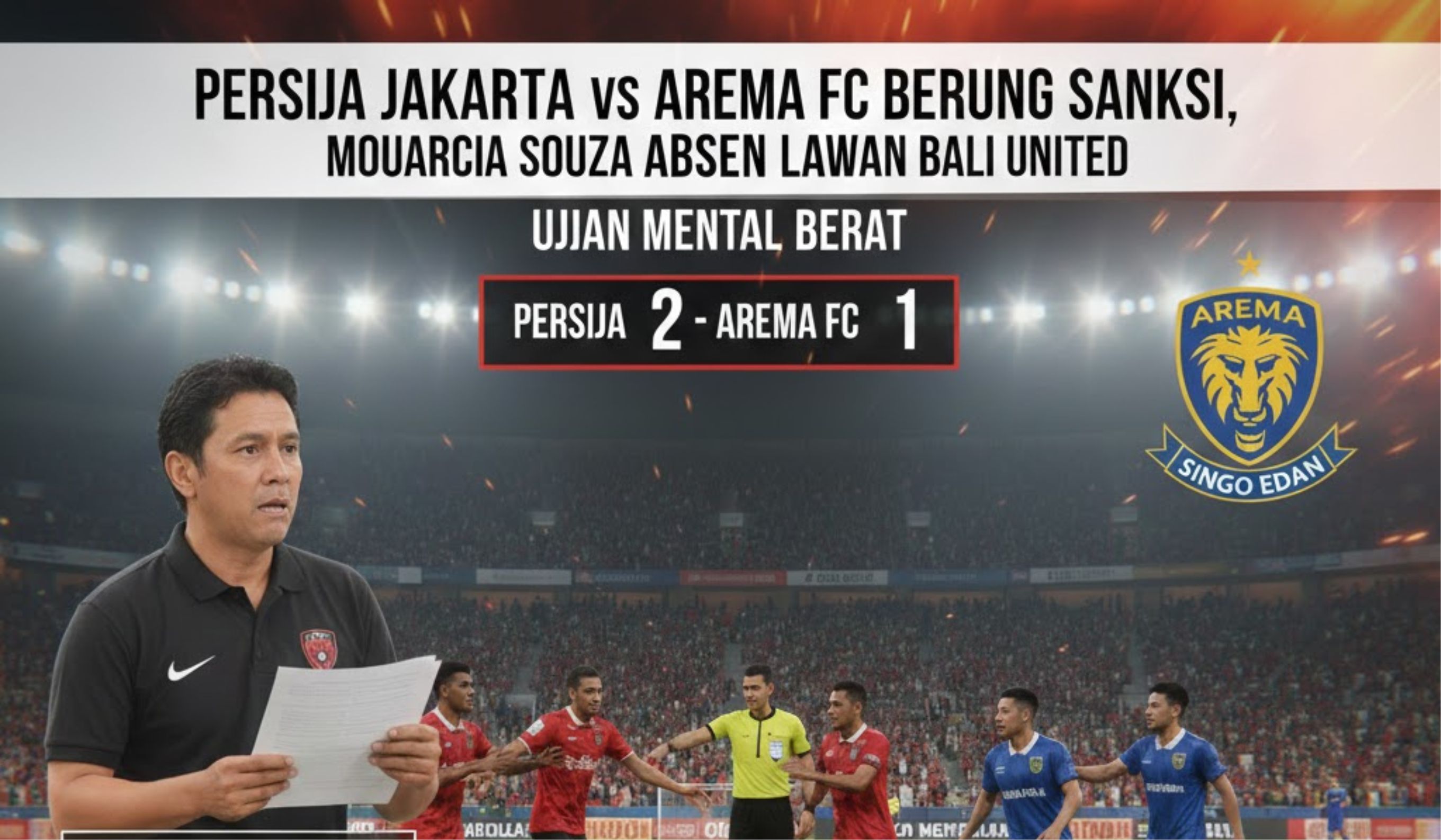 Persija Jakarta vs Arema FC berujung sanksi. Mauricio Souza absen lawan Bali United, Macan Kemayoran menghadapi ujian berat.
