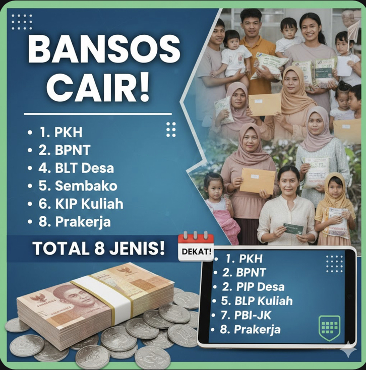 Bansos yang akan cair dalam waktu dekat disebut mencapai delapan jenis, mulai PKH, BPNT, PIP hingga BLT Desa. Ini daftar lengkapnya.