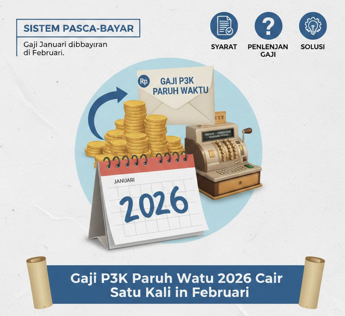 Gaji P3K paruh waktu 2026 cair satu kali di Februari karena sistem pascabayar. Ini penjelasan gaji Januari, syarat, dan solusinya.