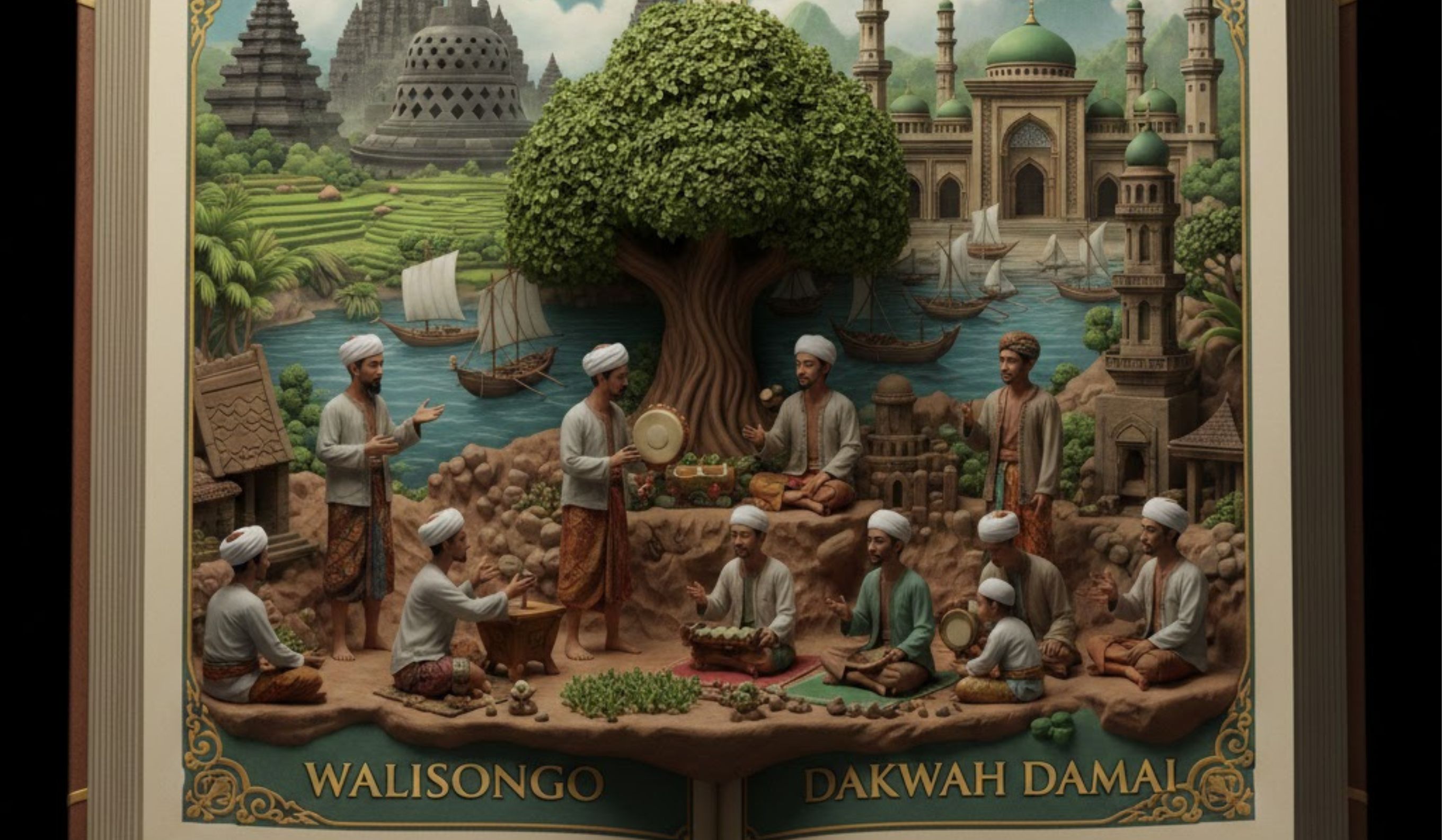 Kisah Wali Songo dan peran sembilan ulama dalam menyebarkan Islam di Jawa melalui dakwah damai, pendidikan, seni, dan budaya.