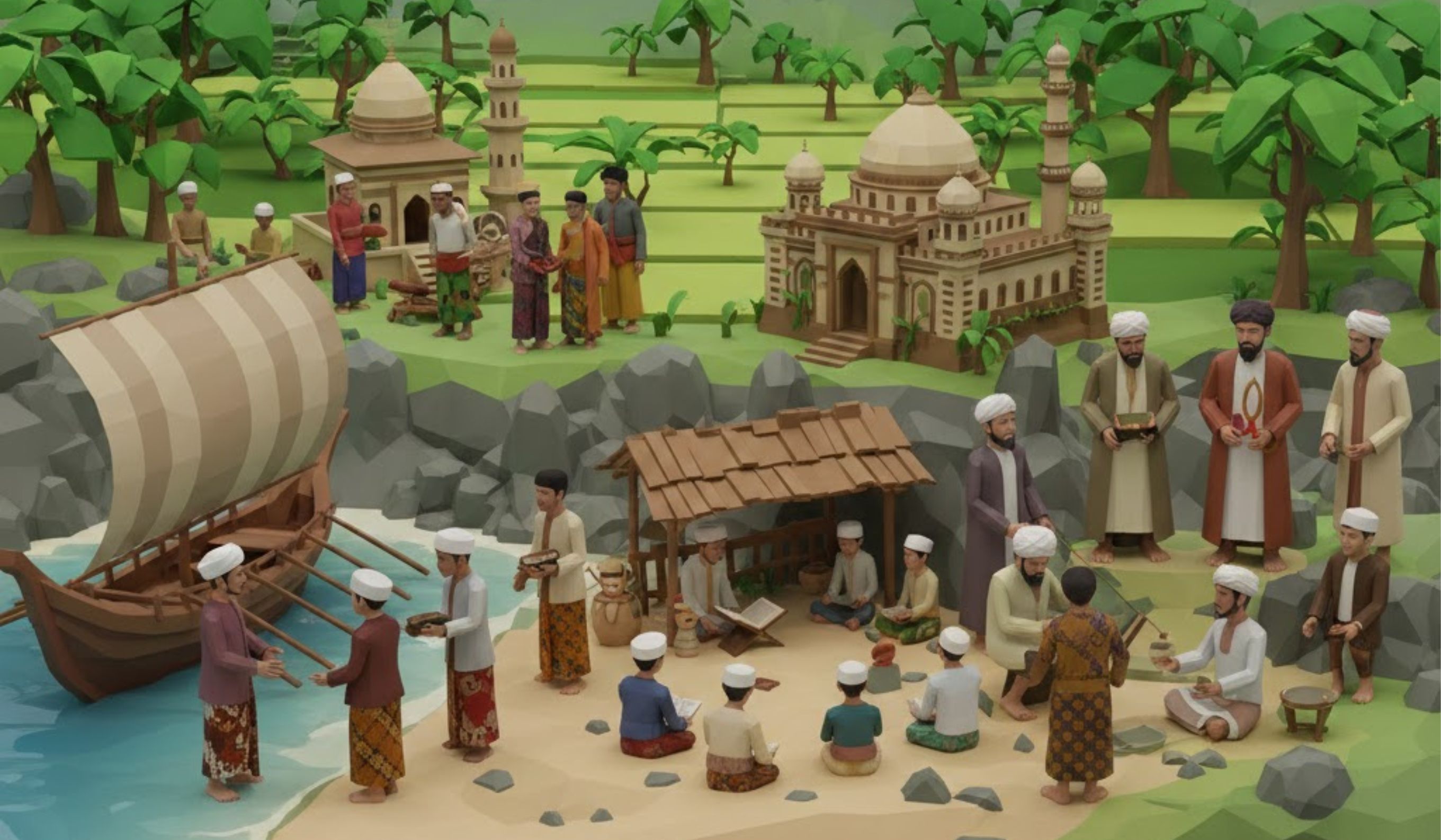 Sejarah penyebaran Islam di Nusantara berlangsung damai lewat perdagangan, Wali Songo, dan budaya hingga menjadi agama mayoritas.