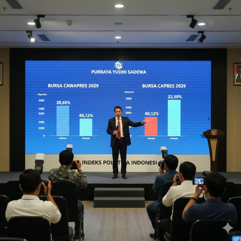 Elektabilitas Purbaya Yudhi Sadewa tembus 28,65% di bursa cawapres 2029 dan posisi kedua capres. Simak hasil surveinya.