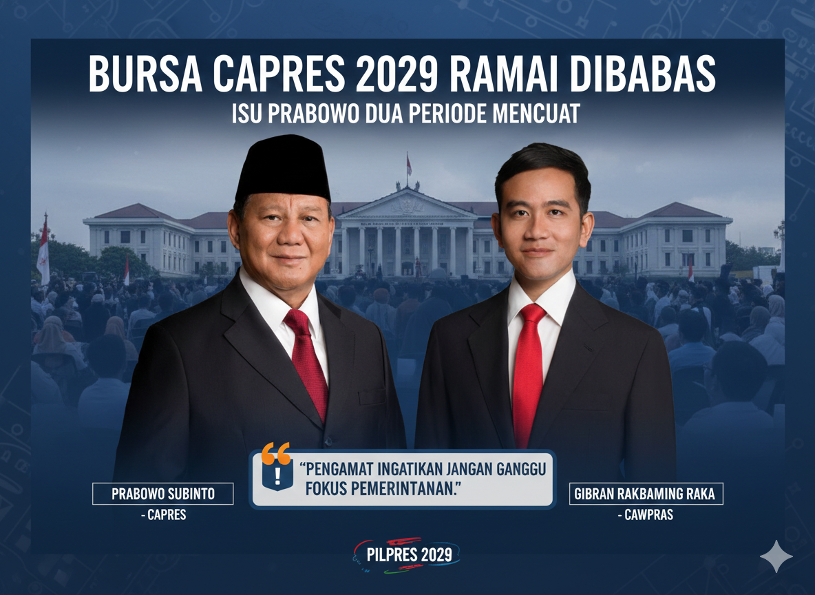 Bursa Capres 2029 ramai dibahas, isu Prabowo dua periode mencuat. Pengamat ingatkan jangan ganggu fokus pemerintahan.