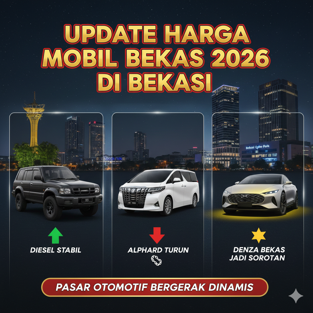 Harga mobil bekas 2026 di Bekasi: diesel stabil, Alphard turun, Denza bekas KM rendah jadi incaran.