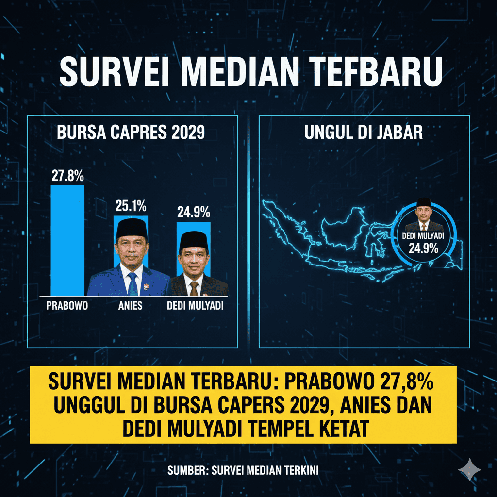 Survei Median Terbaru: Prabowo 27,8% Unggul di Bursa Capres 2029, Anies dan Dedi Mulyadi Tempel Ketat