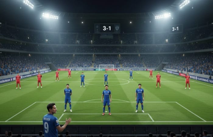 Prompt:  Buat ilustrasi realistik dan simpel tentang prediksi line up pertandingan sepak bola antara Persib Bandung dan Ratchaburi FC di AFC Champions League 2. Visual menampilkan suasana Stadion Gelo