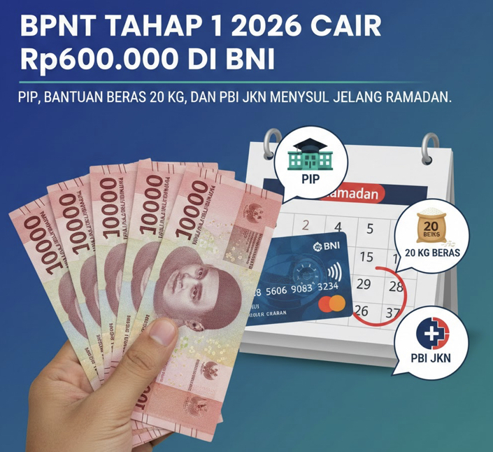 BPNT tahap 1 2026 cair Rp600.000 di BNI. PIP, bantuan beras 20 kg, dan PBI JKN menyusul jelang Ramadan.