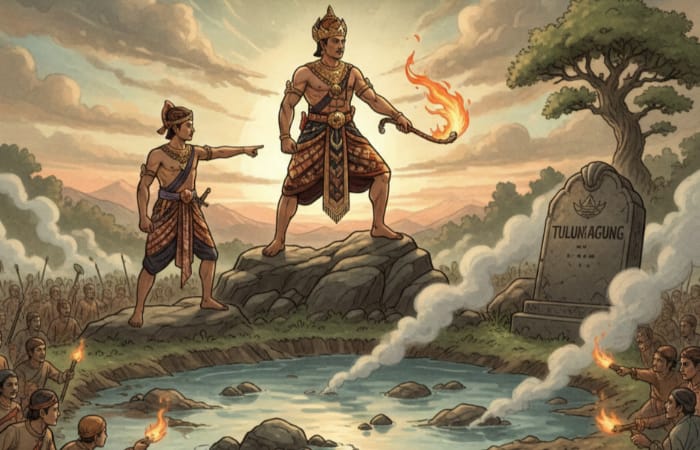 Asal usul Tulungagung bermula dari sayembara Adipati Betak mengeringkan rawa Ngrowo dan pitulungan agung Jaka Baru.