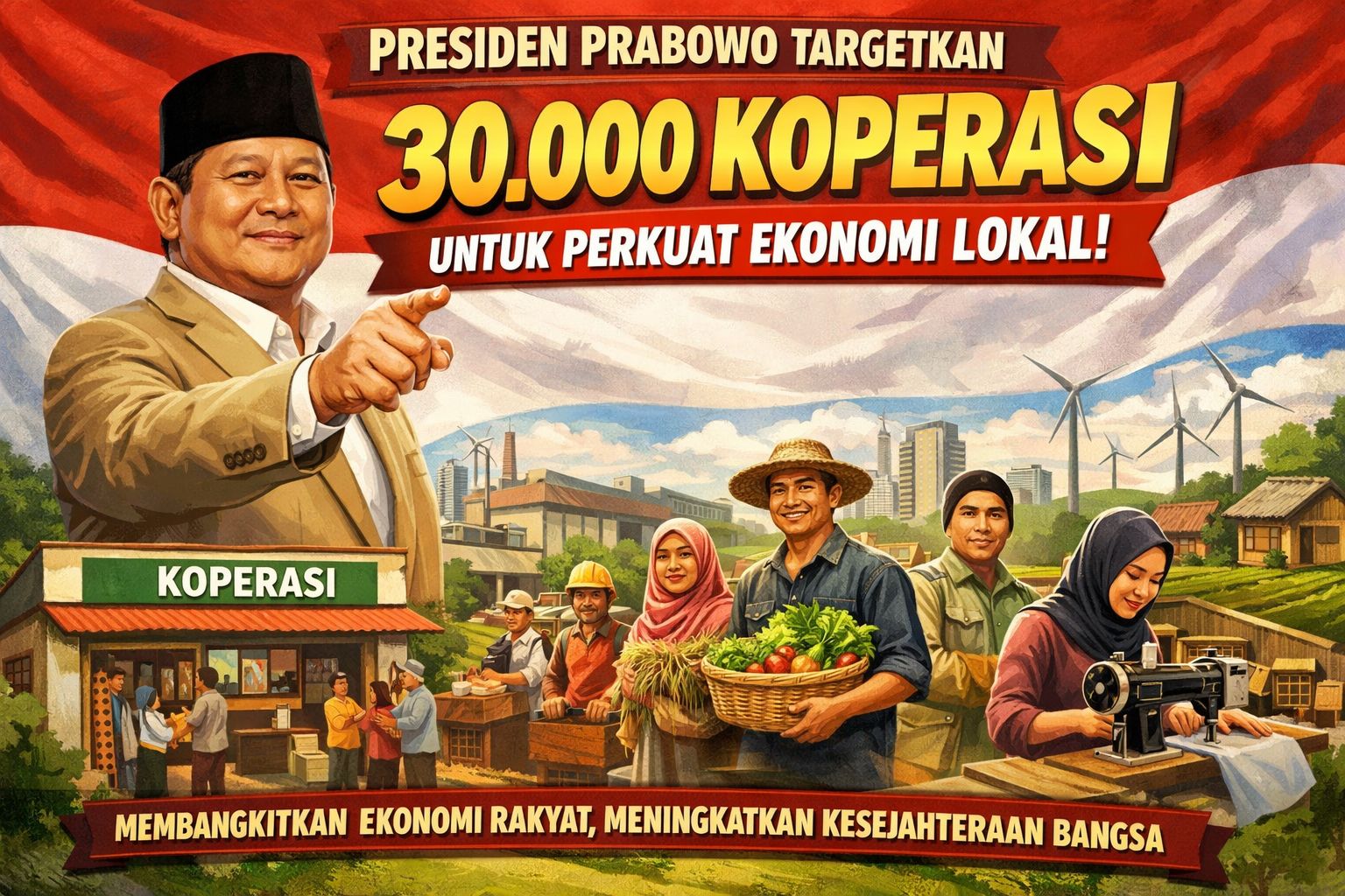 Presiden Prabowo targetkan 30.000 koperasi Desa Merah Putih untuk dorong ekonomi lokal, buka lapangan kerja, dan tingkatkan kesejahteraan.