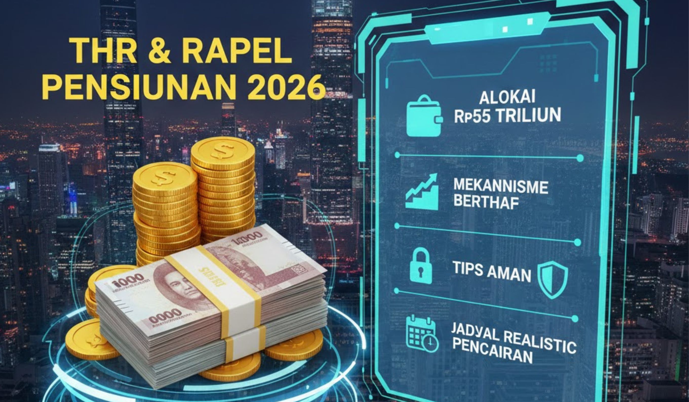 THR &amp; rapel pensiunan 2026: Alokasi Rp55 triliun, mekanisme bertahap, tips aman, dan jadwal realistis pencairan.