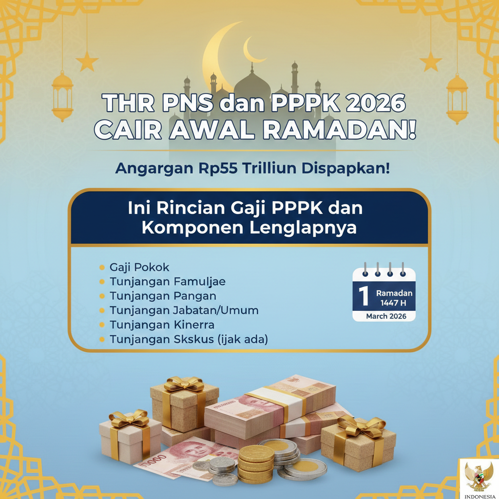 THR PNS dan PPPK 2026 Cair Awal Ramadan, Anggaran Rp55 Triliun Disiapkan! Ini Rincian Gaji PPPK dan Komponen Lengkapnya