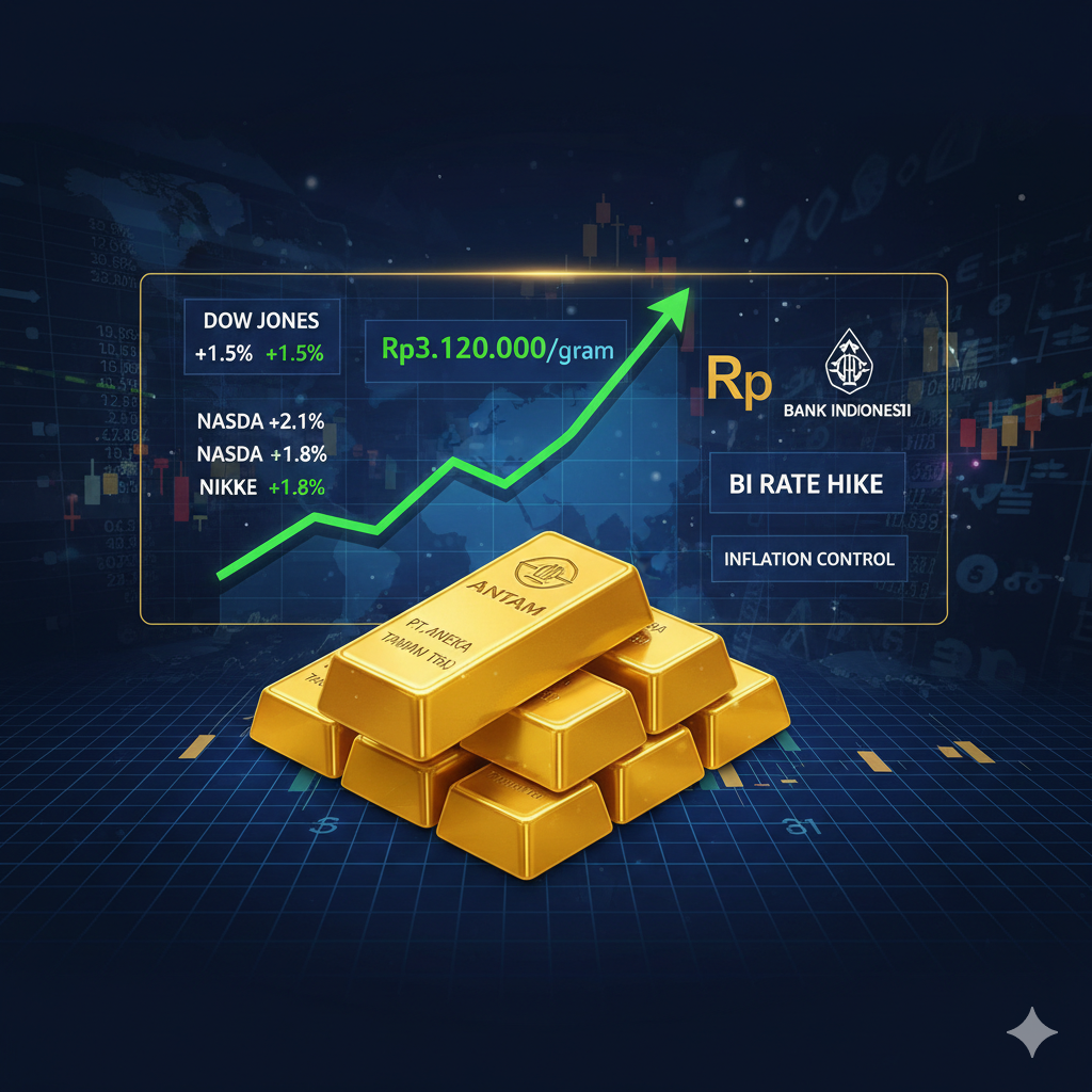 Harga emas dunia melonjak 2,24% ke USD 5.108,25 per troy ons, sementara Bank Indonesia menahan suku bunga acuan di level 4,75% di tengah tekanan pasar global.