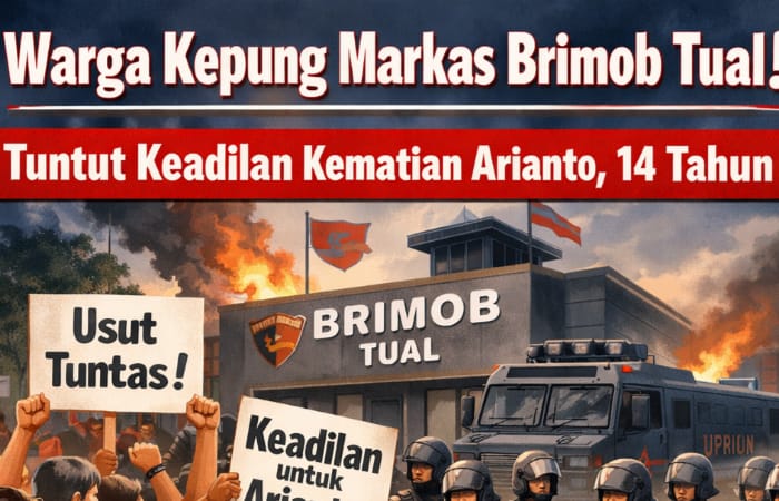 Warga kepung markas Brimob Tual tuntut keadilan kematian Arianto 14 tahun. Bripda MS resmi jadi tersangka penganiayaan.