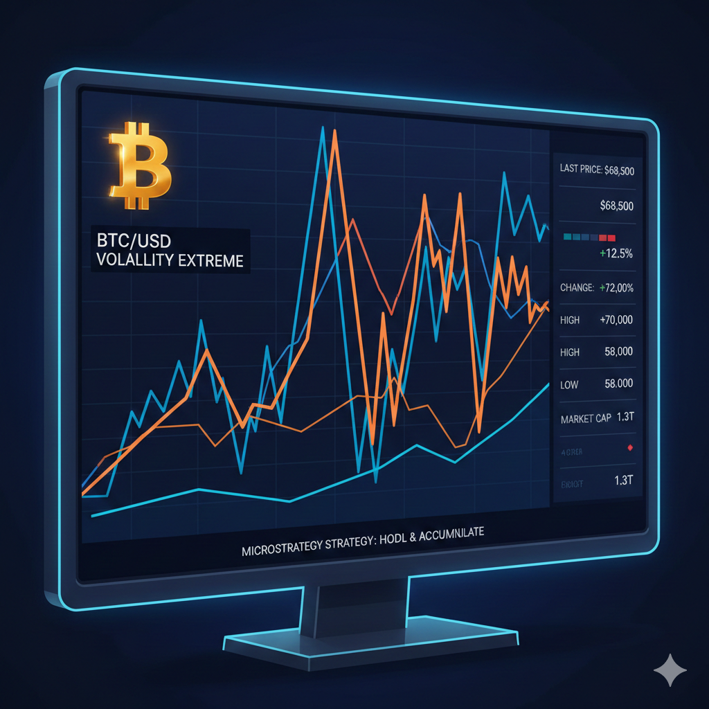 Grafik harga Bitcoin menunjukkan pergerakan volatil yang dapat berdampak miliaran dolar pada neraca MicroStrategy, seperti diungkap Michael Saylor dalam analisis terbarunya.
