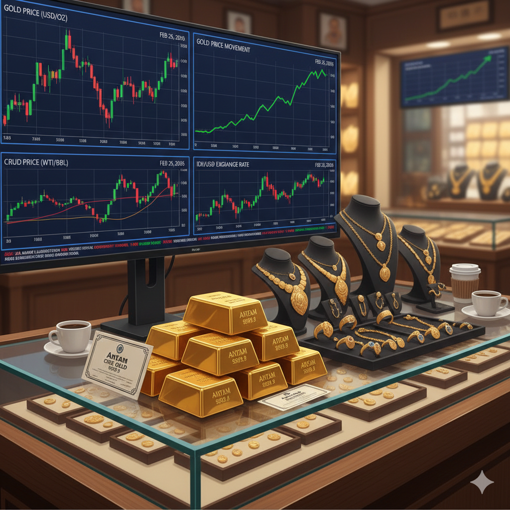 Harga emas hari ini 25 Februari 2026 naik signifikan. Emas Antam 1 gram tembus Rp3.375.000 per gram, sementara harga buyback dan perhiasan 6&ndash;24 karat juga ikut menguat.