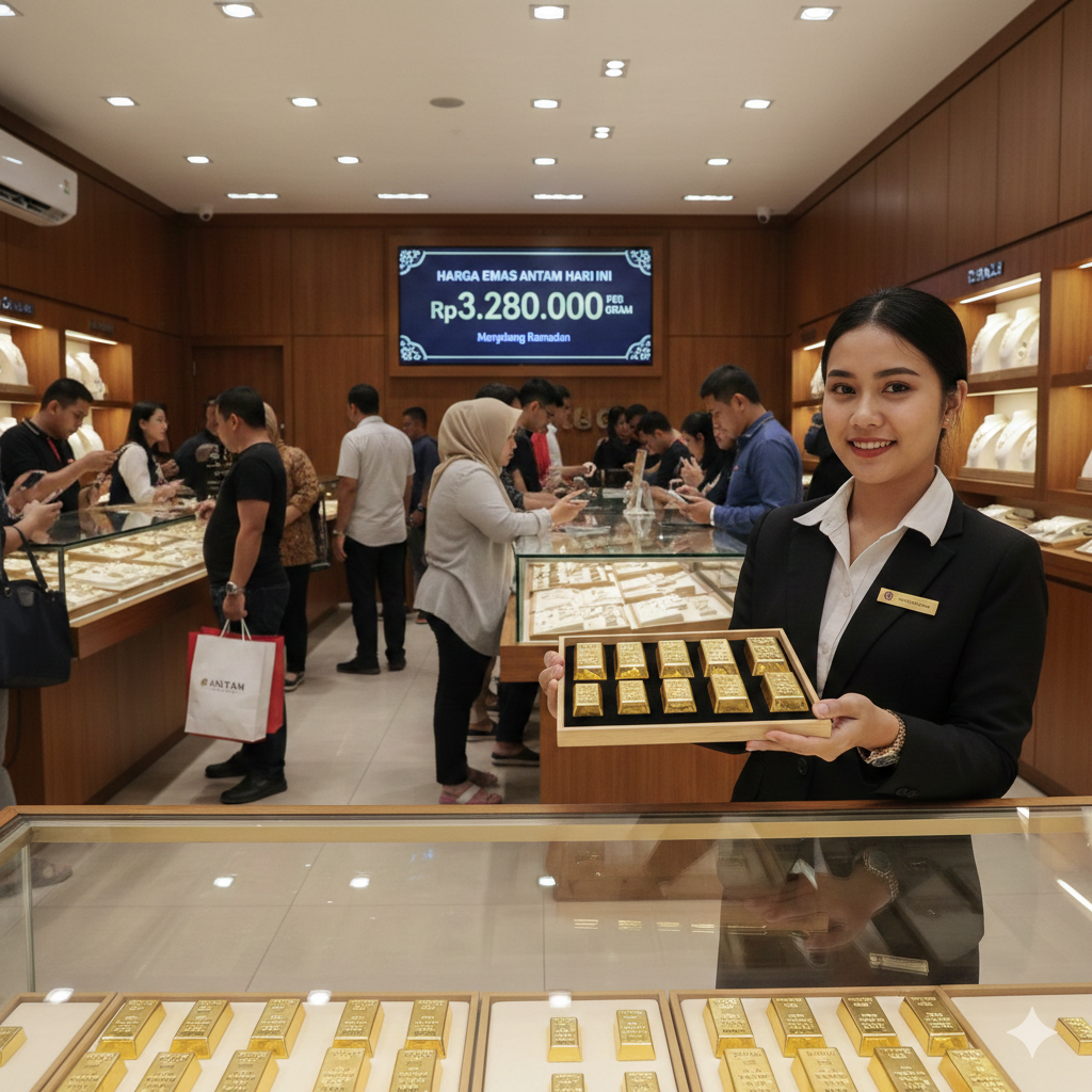 Harga emas Antam naik menjadi Rp3,28 juta per gram pada perdagangan 23 Februari 2026. Meski harga menguat, minat beli masyarakat tetap tinggi menjelang Ramadan.