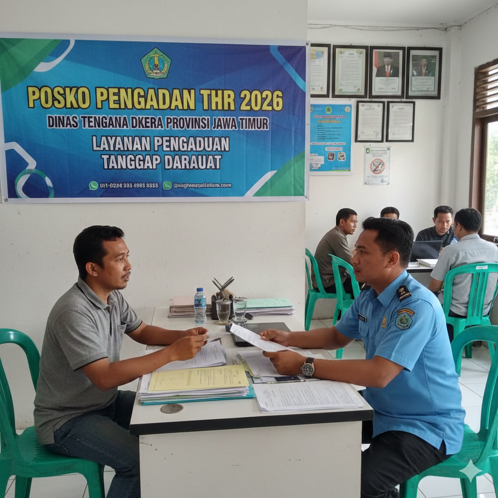 Pemprov Jawa Timur membuka 54 Posko THR 2026 untuk memastikan perusahaan membayar Tunjangan Hari Raya tepat waktu, maksimal H-7 sebelum Lebaran.