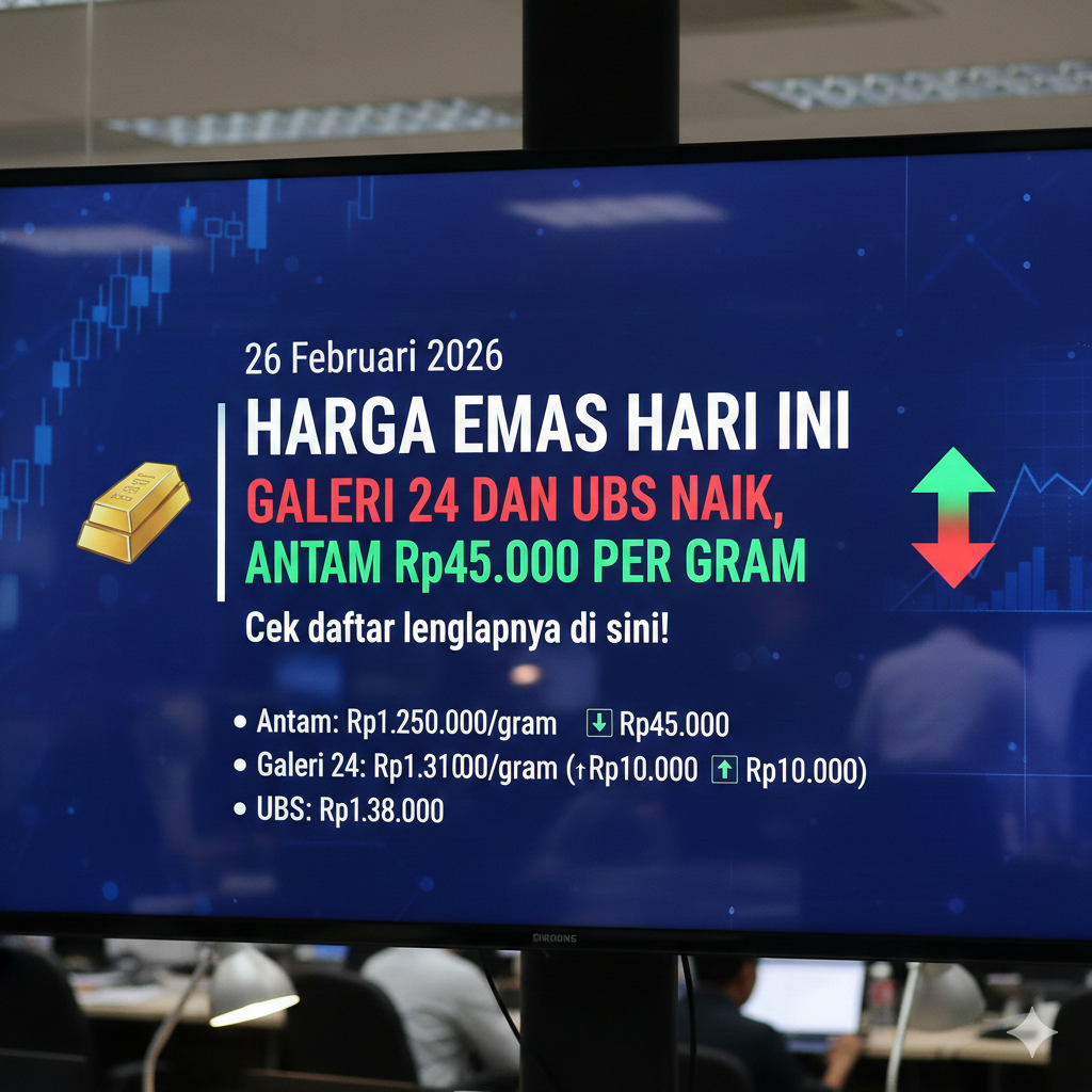 Harga emas hari ini 26 Februari 2026: Galeri 24 dan UBS naik, Antam anjlok Rp45.000 per gram. Cek daftar lengkapnya di sini!