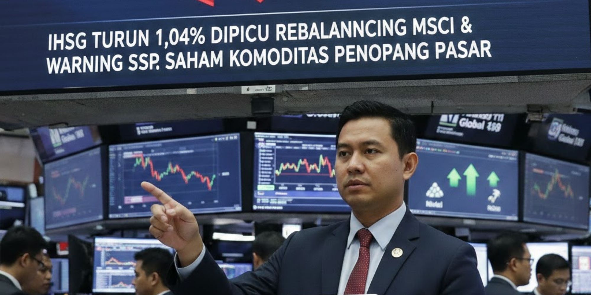 IHSG turun 1,04 persen dipicu rebalancing MSCI dan warning S&amp;P. Saham komoditas masih jadi penopang pasar.