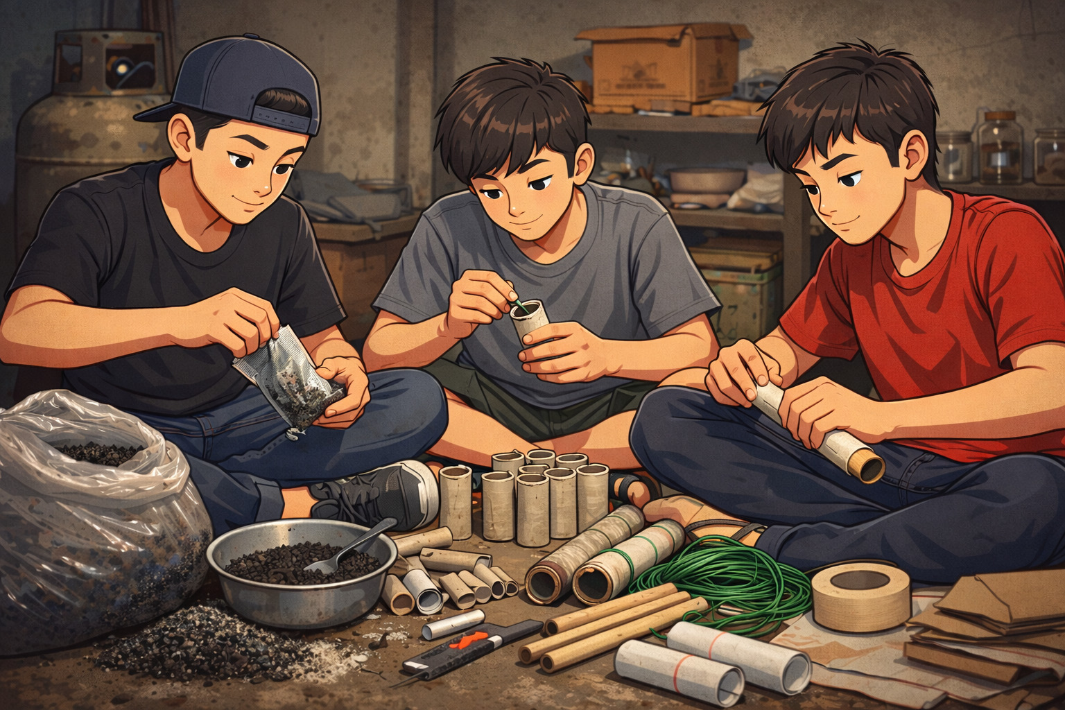 ilustrasi tiga anak muda yang membuat petasan
