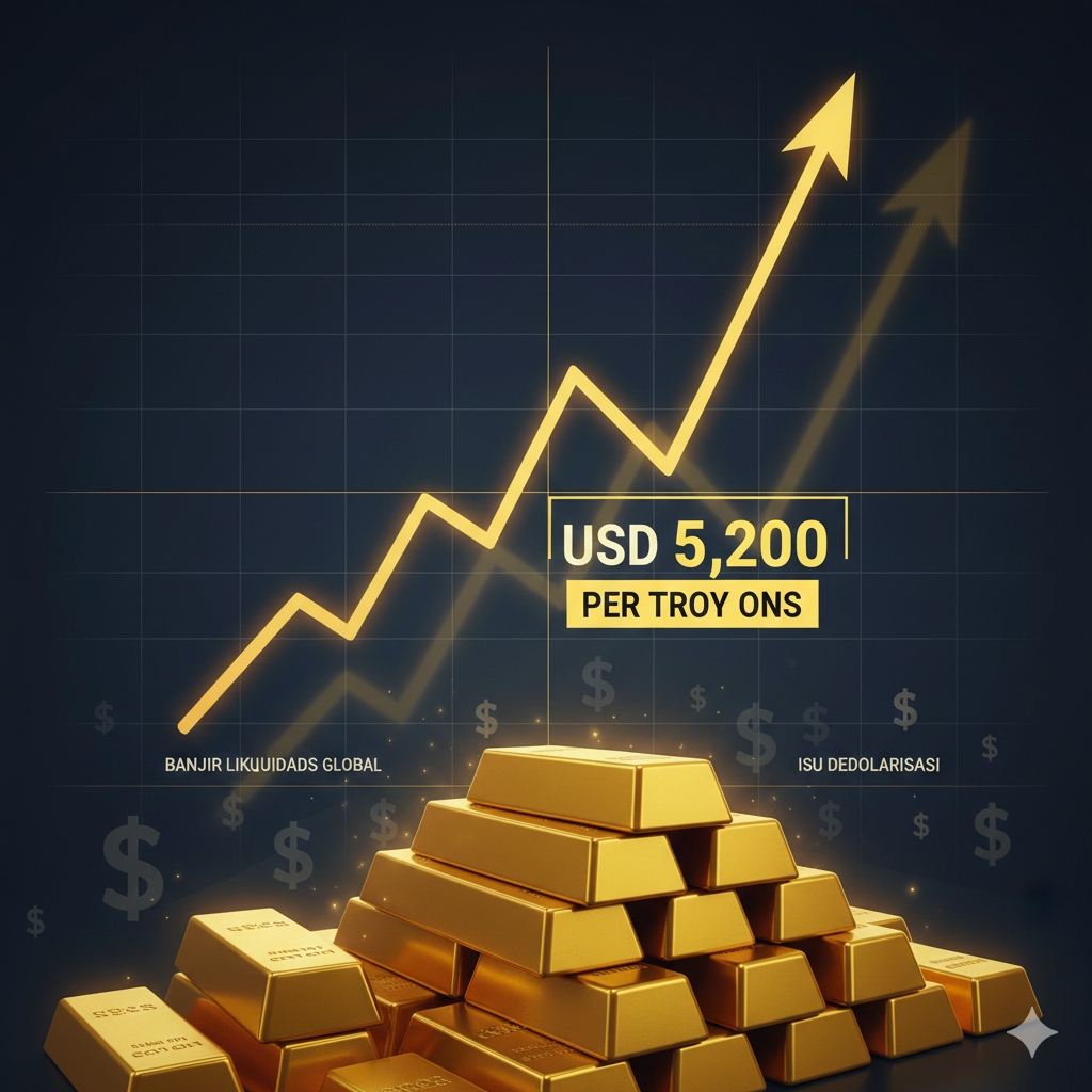 Harga emas dunia menembus USD 5.200 per troy ons dan diproyeksikan terus naik. Namun, analis mengingatkan potensi risiko bubble ekonomi di tengah lonjakan likuiditas global.