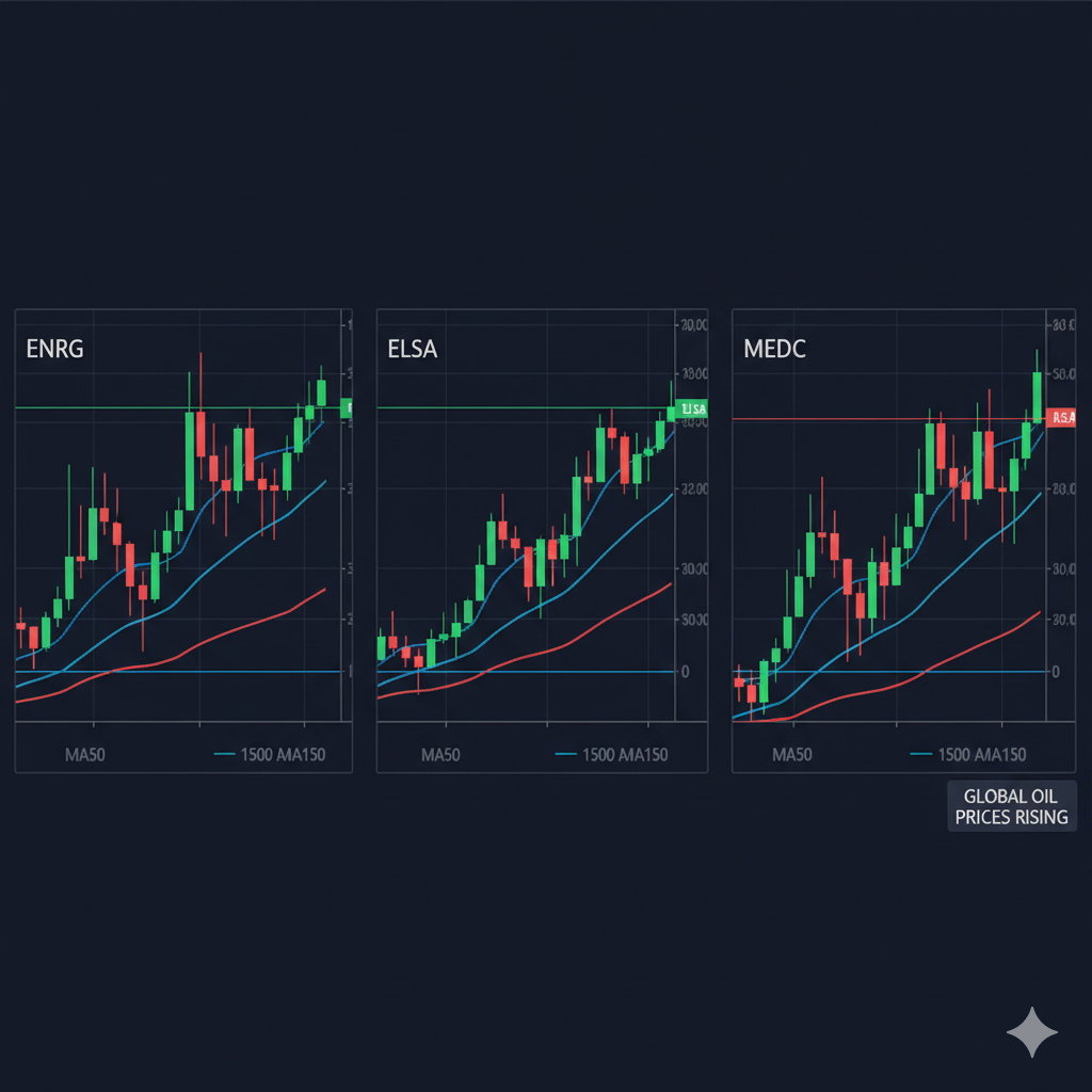 Grafik teknikal ENRG, ELSA, dan MEDC menunjukkan potensi penguatan seiring naiknya harga minyak dunia akibat konflik Timur Tengah. Area support MA50 menjadi kunci pergerakan pekan depan.