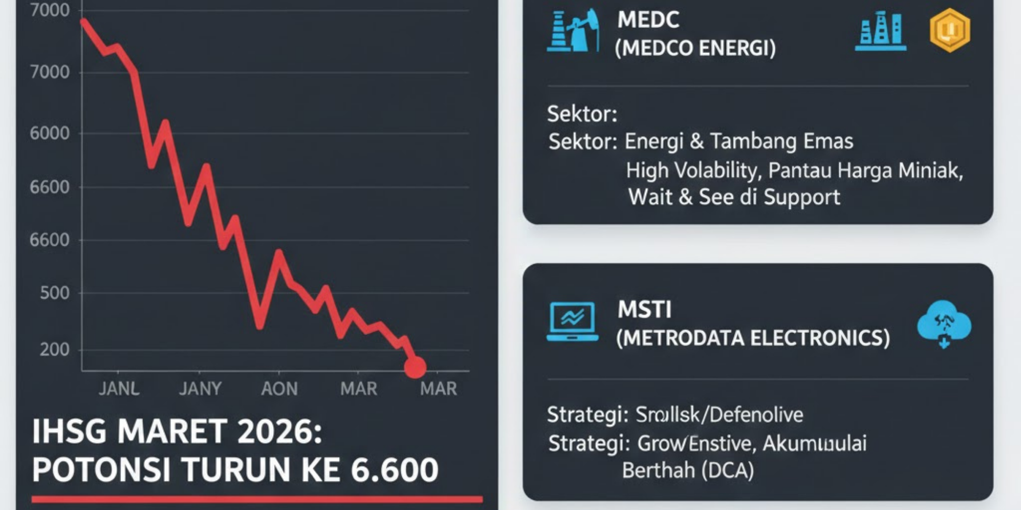 IHSG Maret 2026 berpotensi turun ke 6.600. Simak analisa lengkap serta rekomendasi saham MEDC hingga MSTI.