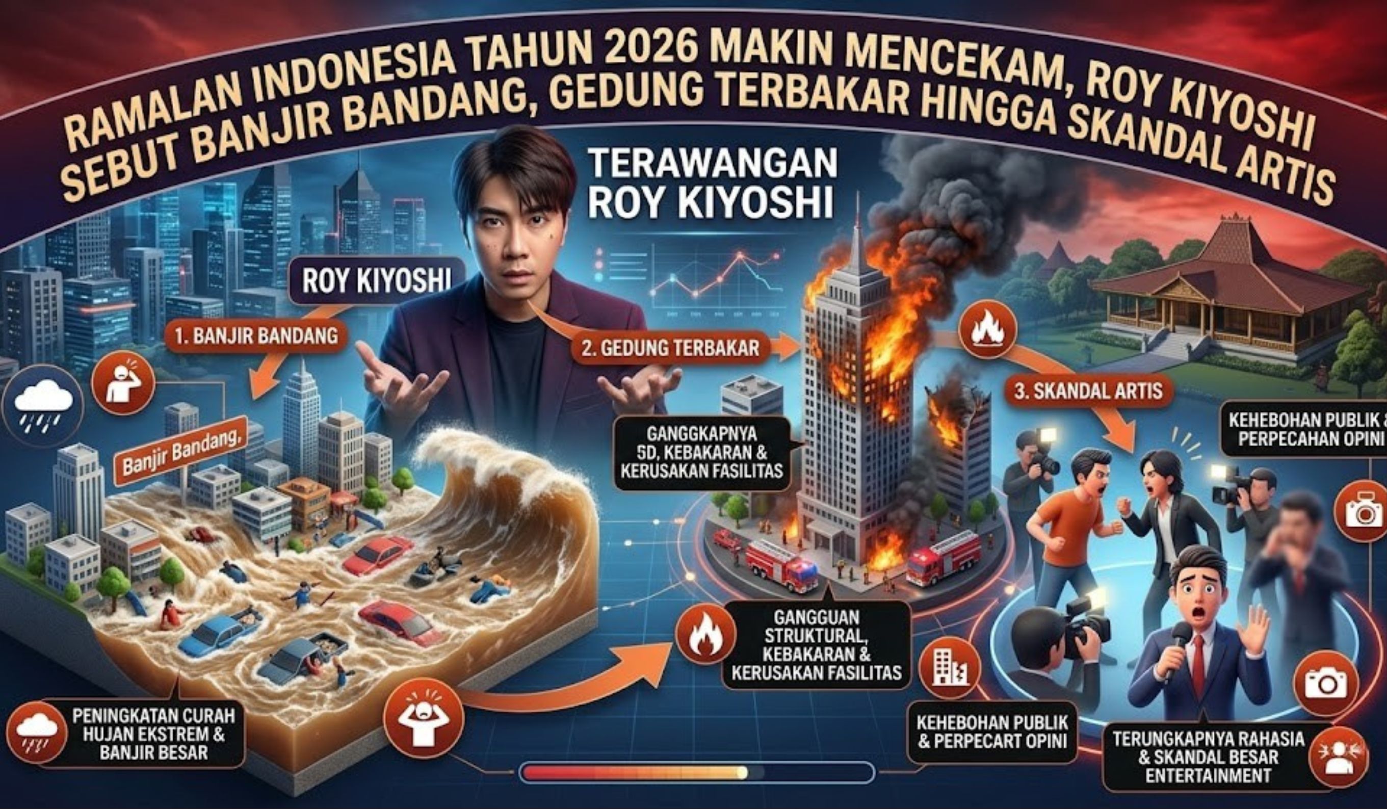 Ramalan Indonesia tahun 2026 versi Roy Kiyoshi soal banjir, kebakaran, hingga skandal artis bikin heboh.