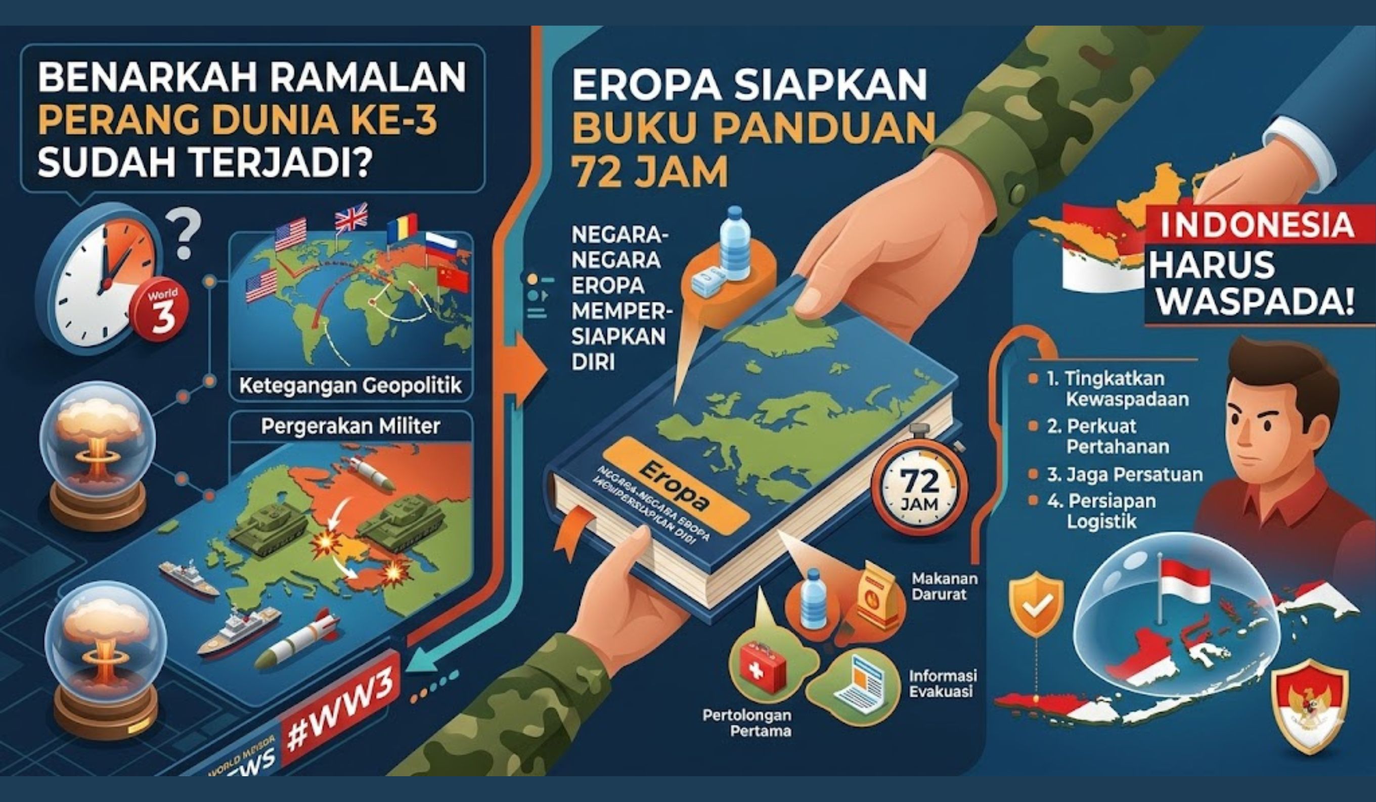 Ramalan perang dunia ke-3 ramai dibahas. Eropa siapkan panduan 72 jam hadapi krisis global, apakah Indonesia perlu waspada?