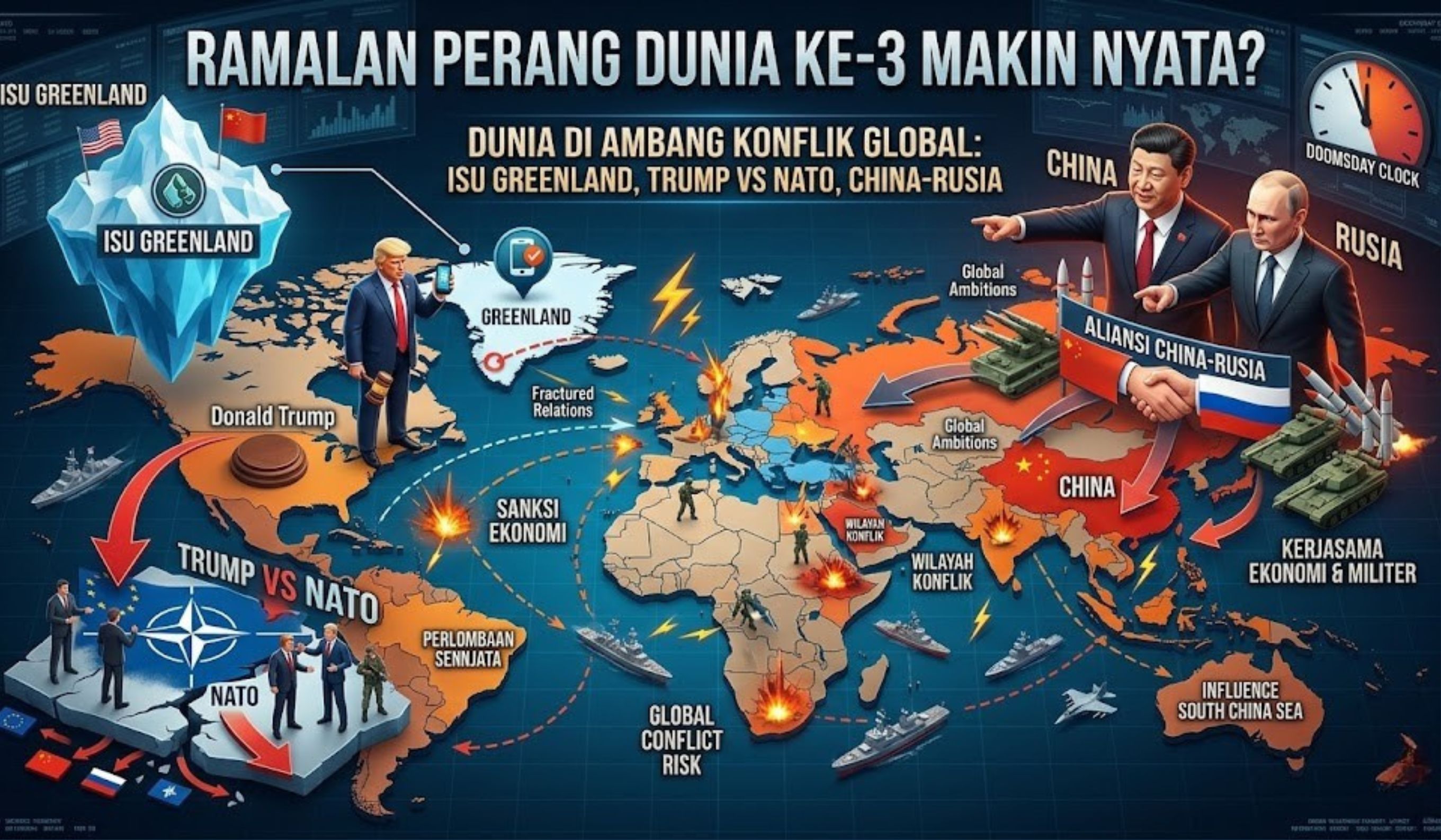 Ramalan Perang Dunia ke 3 kembali mencuat akibat isu Greenland, Trump, dan rivalitas China-Rusia. Seberapa dekat dunia ke konflik global?