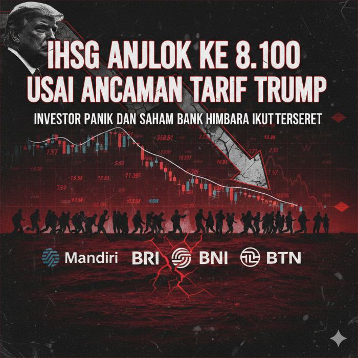 IHSG anjlok ke 8.100 usai ancaman tarif Trump dan tekanan saham bank.  (Ilustrasi: Gemini)
