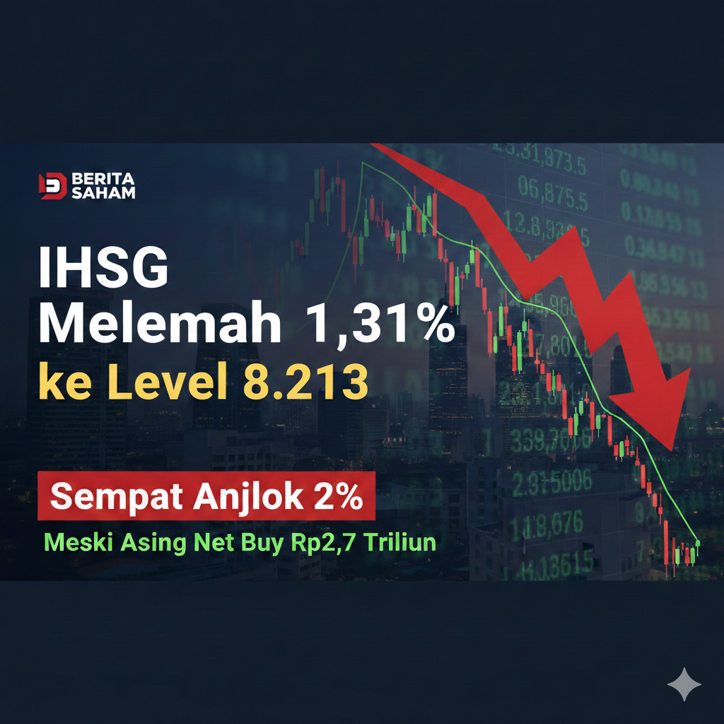 IHSG melemah 1,31% ke 8.213, sempat turun 2%. (Ilustrasi: Gemini)