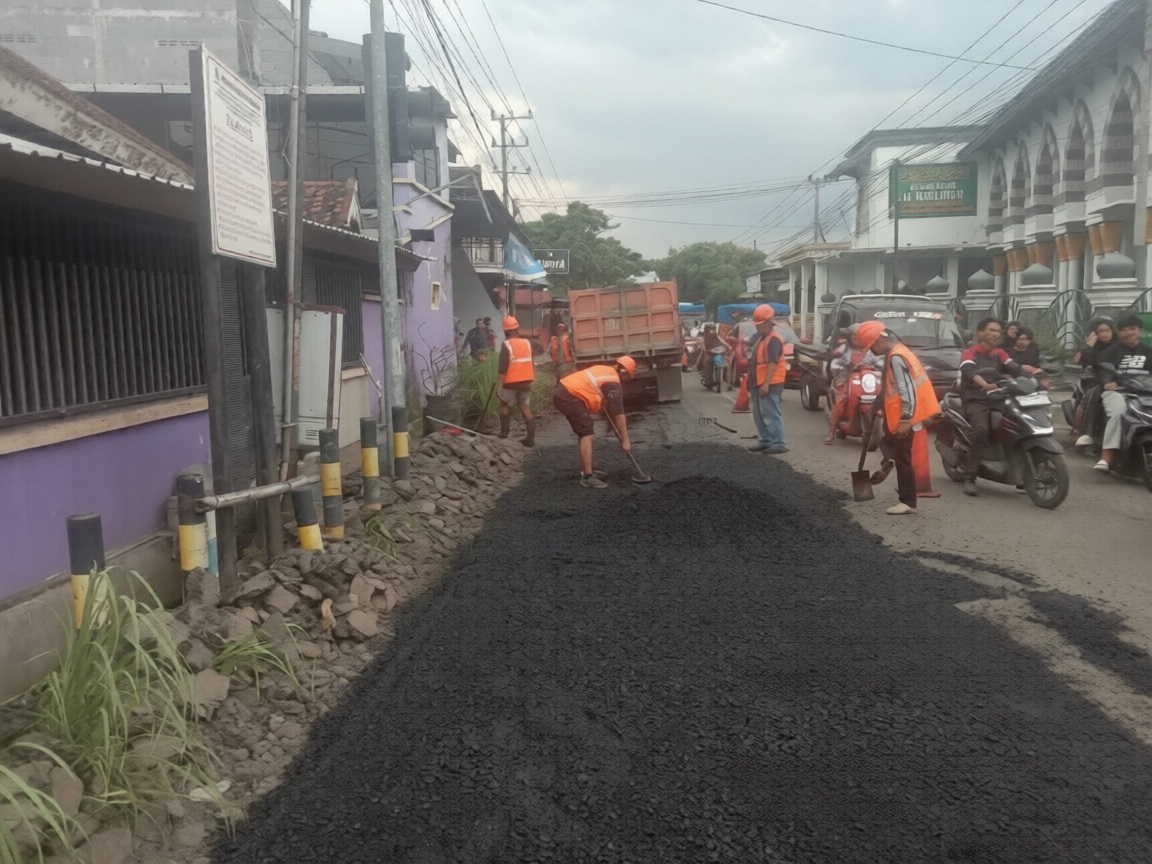 Pekerja sedang memperbaiki ruas Jalan MT Haryono di Kelurahan Bago, Tulungagung, kemarin (2/3/2026).(RAHIIQ AL BACHRI/RATU)