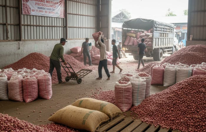 Suasana transaksi dan pengiriman bawang merah di Gudang 14 Pasar Induk Bawang Merah Probolinggo, Kecamatan Dringu, saat harga bawang merah Probolinggo kembali turun pada 3 Maret 2026.