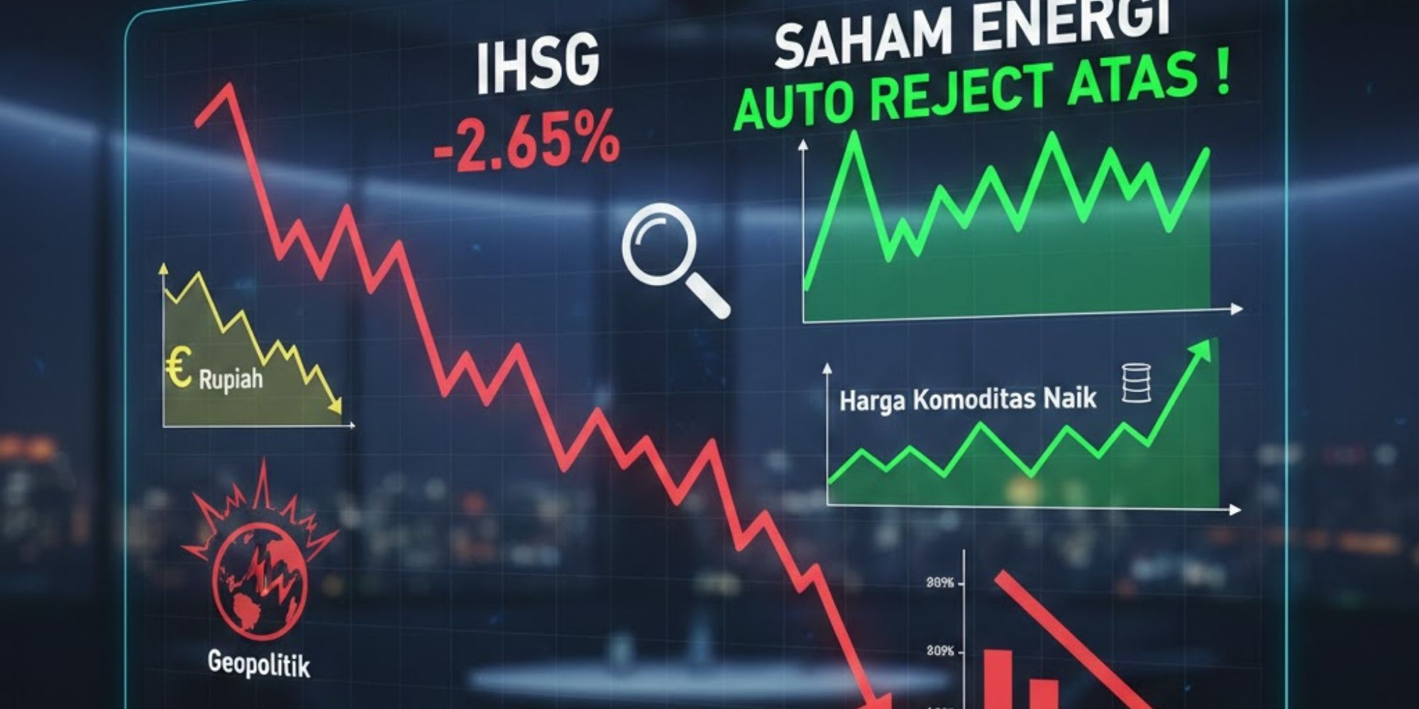 IHSG turun 2,65% tertekan rupiah dan geopolitik. BUMI-DEWA melemah, saham energi justru auto reject atas.