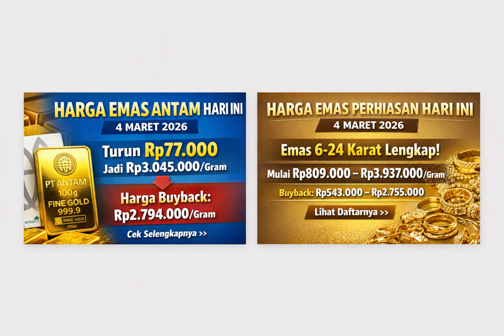Harga emas Antam hari ini 4 Maret 2026 turun Rp77.000. Simak harga jual dan buyback terbaru di sini.