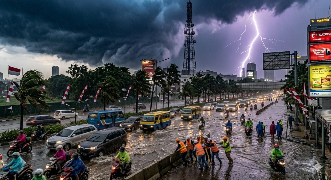 BMKG keluarkan peringatan dini cuaca ekstrem 9 Februari 2026, hujan lebat dan petir berpotensi terjadi di 30 wilayah Indonesia.