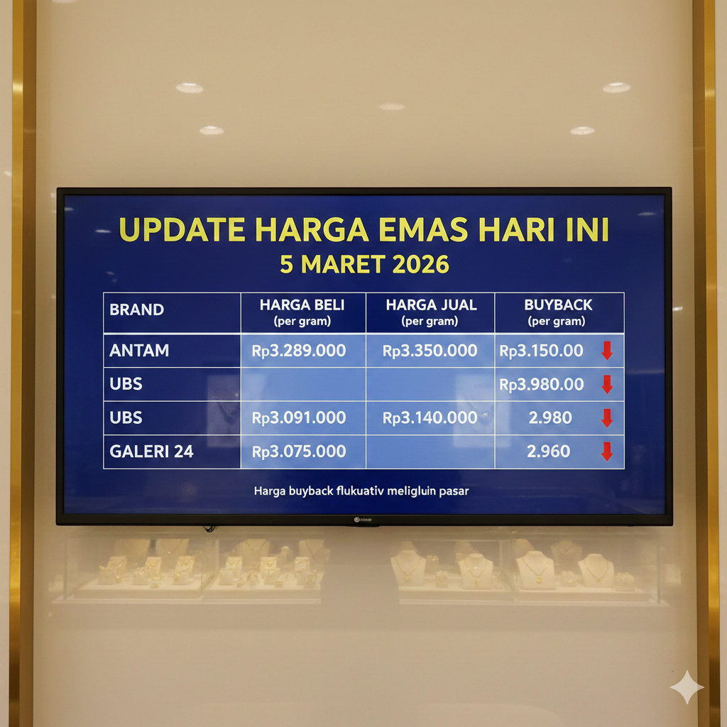Harga emas hari ini 5 Maret 2026 terpantau turun tajam. Emas Antam di level Rp3.289.000 per gram, UBS Rp3.091.000, dan Galeri 24 Rp3.075.000, dengan buyback di kisaran Rp2,88 jutaan per gram.