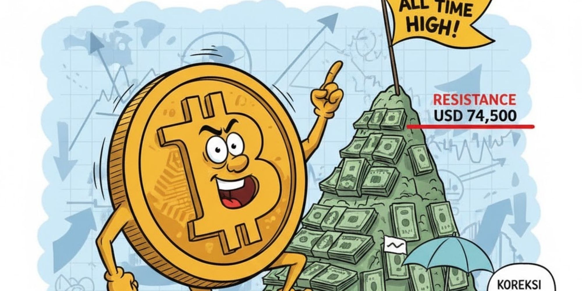 Bitcoin mendekati resistance USD 74.500. Analis prediksi BTC berpotensi cetak all time high meski koreksi masih mungkin terjadi.